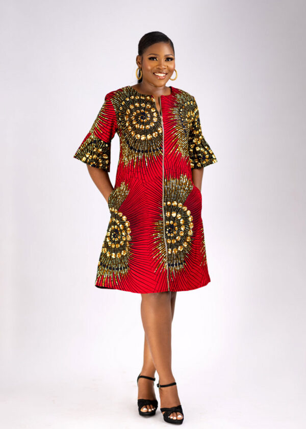 RED AMAKA A-LINE FRILL SLEEVES ZIPPER DRESS